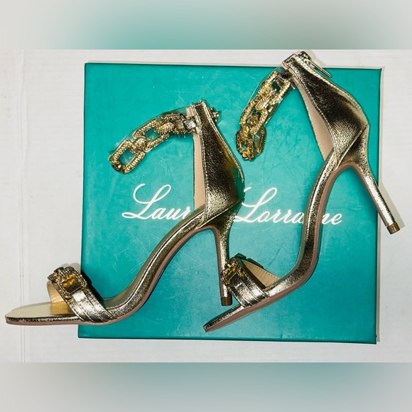 LAUREN LORRAINE GOLD RHINESTONES OPEN CHAIN ANKLE STRAP WOMEN SANDALS SIZE 5.5 M - Picture 13 of 13